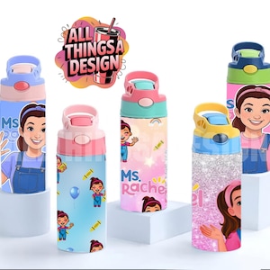 May include: A collection of colorful water bottles featuring a cartoon character design. The bottles have flip-top lids and are decorated with images of a smiling woman, crayons, and rainbows. The text "Ms. Rachel" is visible on some bottles.