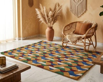 Handgetufteter Wollteppich, moderner geometrischer abstrakter Teppich, zeitgenössische mehrfarbige Wohnkultur