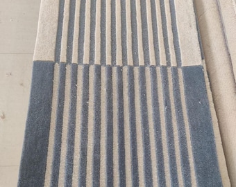 Modern Striped Wool Runner Rug, Blue Beige Geometric Hallway Carpet