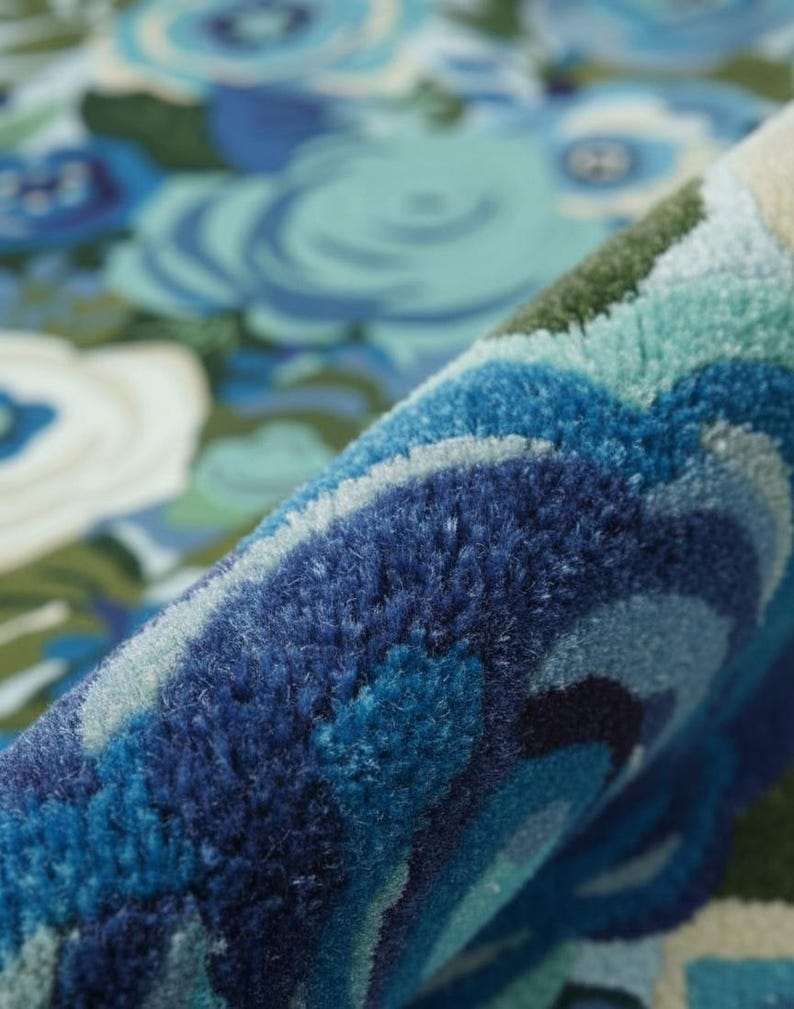 Blue Floral Hand Tufted Rug – Modern Botanical Area Rug, Cottagecore ...