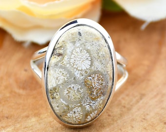 Fossil Coral Sterling Silver Ring - Handmade Statement Jewelry