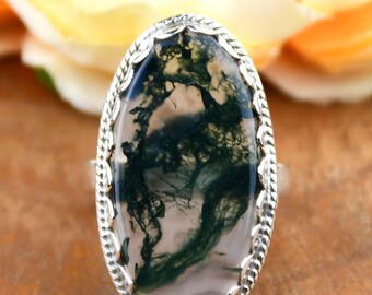 Handmade Moss Agate 925 Sterling Silver Ring - Vintage Style Ring