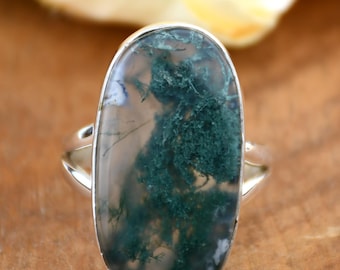 Vintage Moss Agate Ring, 925 Sterling Silver Promise Ring