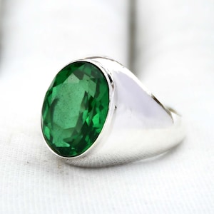 Green Emerald 925 Sterling Silver Ring, Handmade Men's Statement Ring