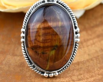 925 Sterling Silver Tiger Eye Ring: Handmade Oval Gemstone