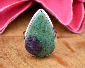 Handmade Pear Ruby Zoisite Ring, 925 Sterling Silver Statement Ring