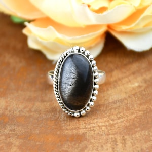 Golden Sheen Obsidian Ring: Adjustable 925 Sterling Silver, Handmade
