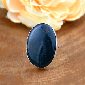 Bloodstone Ring, 925 Sterling Silver Ring, Natural Gemstone Ring, Crescent Bloodstone Silver Ring, Handmade Green Ring, Unique Ring Gift