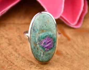 Handmade Oval Ruby Zoisite Ring, 925 Sterling Silver Statement Ring
