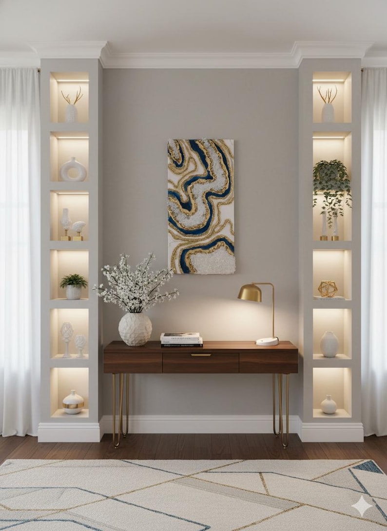 Op de afbeelding: Een modern interieur met een donkerhouten bureau met gouden poten, een gouden bureaulamp en een witte vaas met bloemen. Een abstract kunstwerk hangt boven het bureau. Ingebouwde planken tonen decoratieve items.