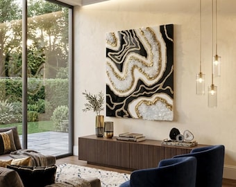 Black Gold Resin Geode Wall Art, 3D Crystal Painting, Luxury Statement Artwork