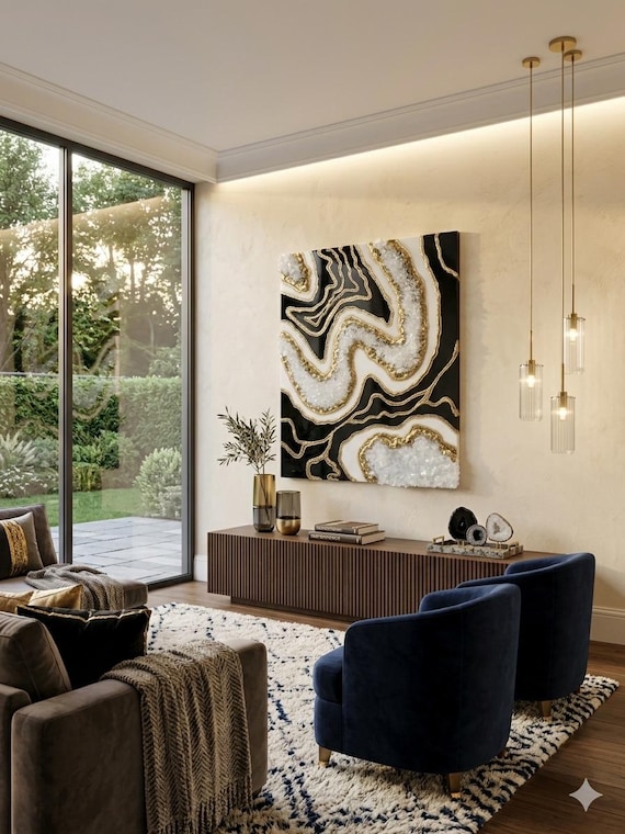 Resin Geode Wall Art in gold and white with fire glass and crystal by Luxe Signature Art