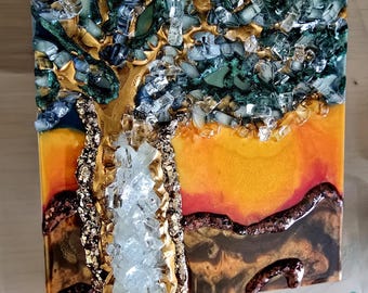 Tree of Life Geode Resin Painting, Golden Hour Sunset, 3D Wall Art