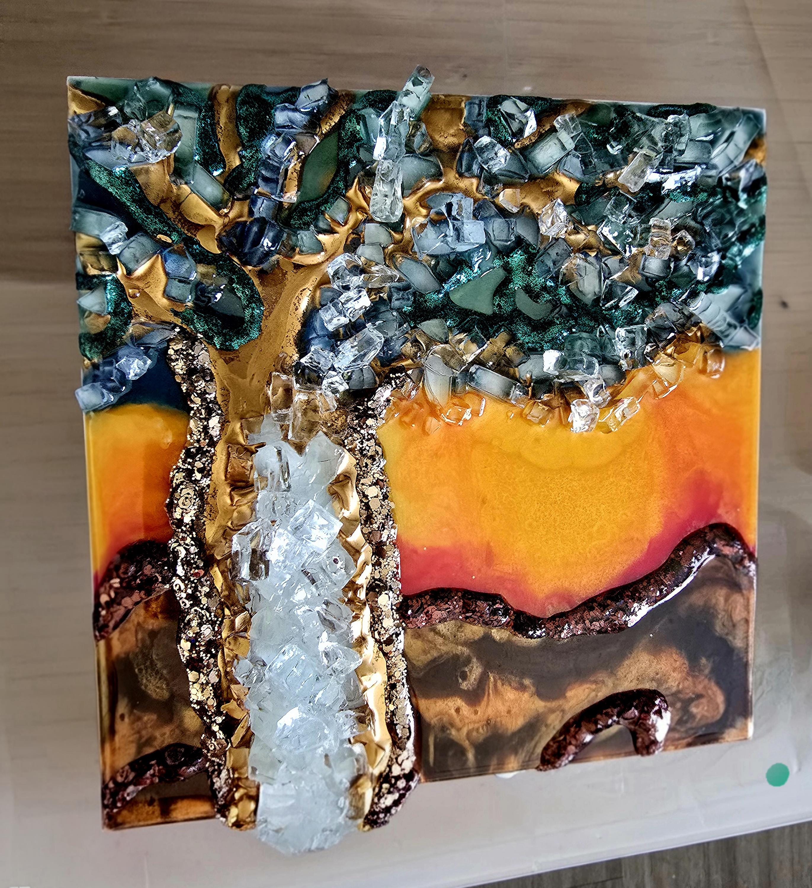 Teal and Gold Resin Geode Wall Art — the finished piece