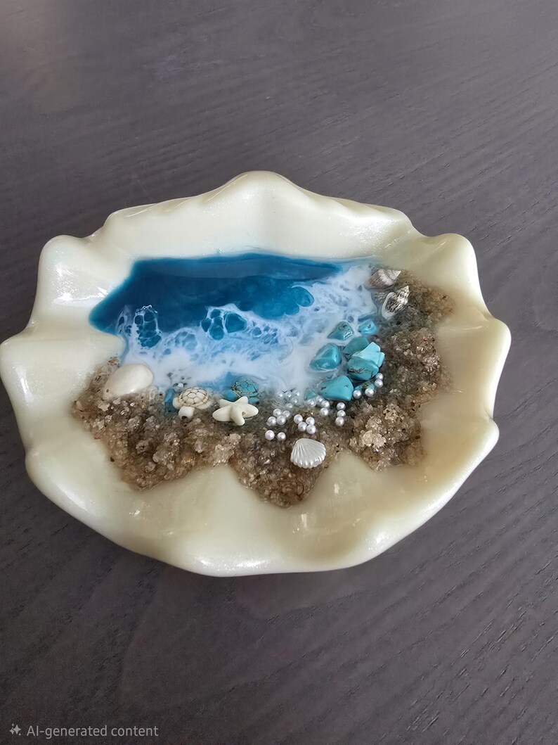 May include: An off-white seashell-shaped dish with a miniature beach scene. The scene features a blue ocean, sand, turquoise stones, tiny shells, and miniature sea creatures. The dish is a unique, handcrafted item.