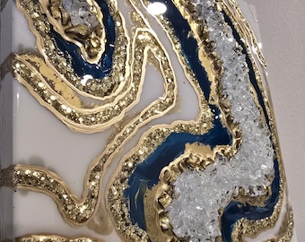 Wyrazisty element! ** Duża, turkusowo-złota geoda ścienna, luksusowy obraz z żywicy 3D, wyraziste dzieło sztuki z kryształów, darmowy prezent przy każdym zakupie!