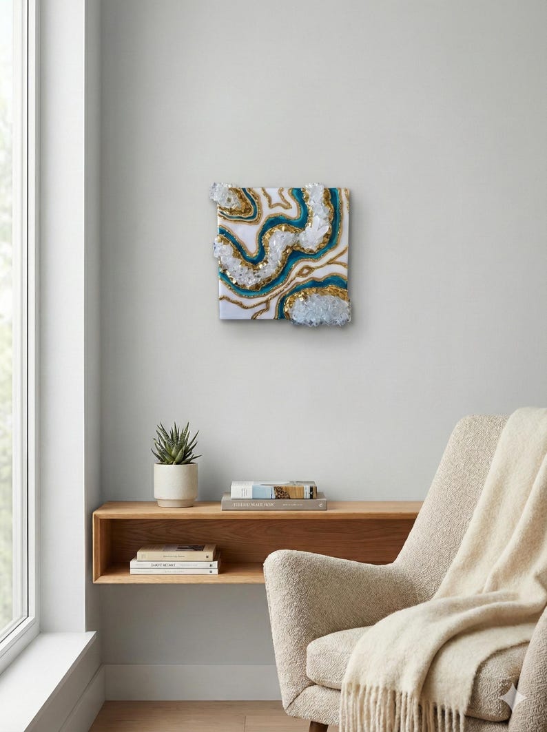 Blauwgroen en gouden geode muurkunst, klein cadeau, luxe 3D-harsschilderij, statement kristalkunstwerk, gratis cadeau bij elke aankoop! Alle maten afbeelding 4