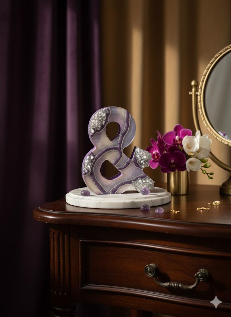 May include: A decorative ampersand sculpture in shades of purple and white, adorned with sparkling crystals. The sculpture sits on a marble base, displayed on a dark wooden table. A small vase of flowers and a vanity mirror are in the background.