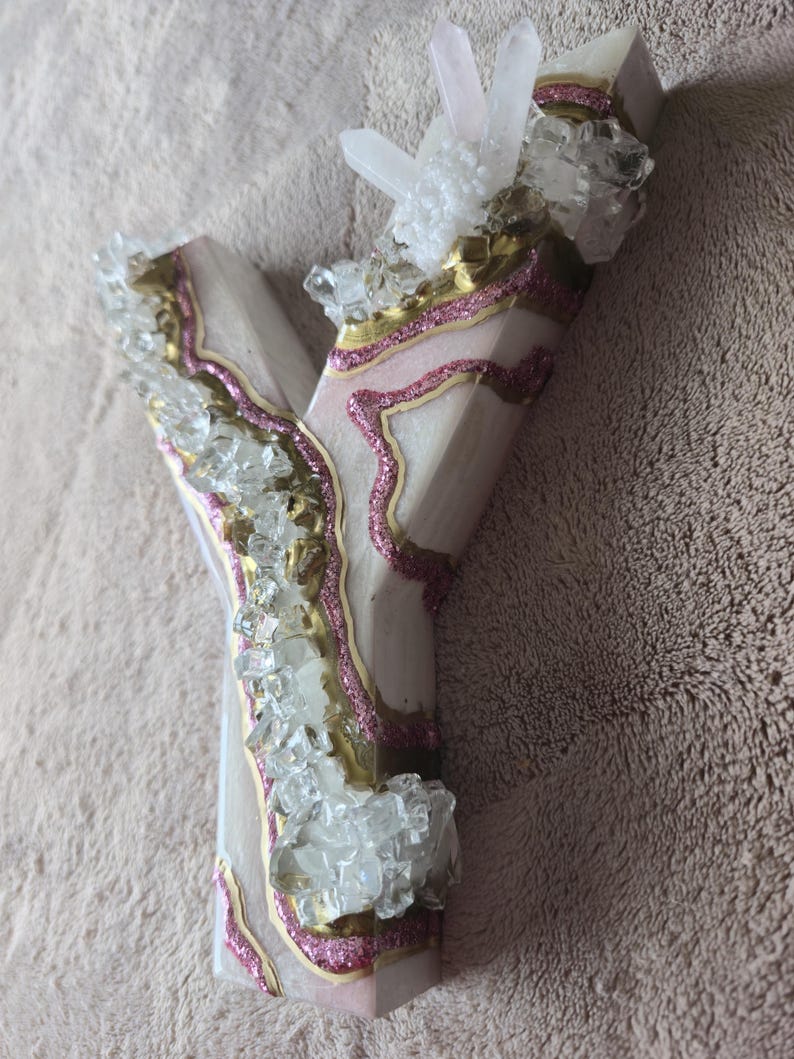 3D Rose Quartz Geode Wooden Letter, Freestanding Initial Decor, Gold Pink Crystal Art image 20