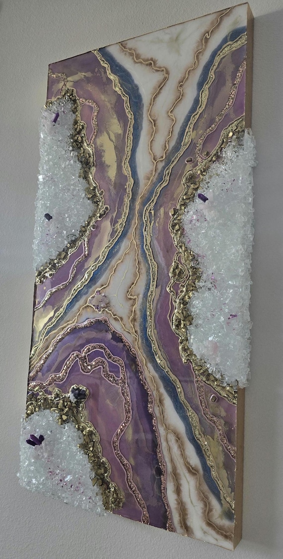 Resin Geode Wall Art in gold and purple with fire glass and crystal by Luxe Signature Art
