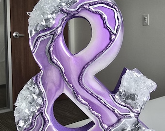 Lavender Geode Ampersand Sign, Thick Freestanding Wood Epoxy Resin Letter, Silver Crystal Art, Purple Agate Decor, Mystical Desk Accent