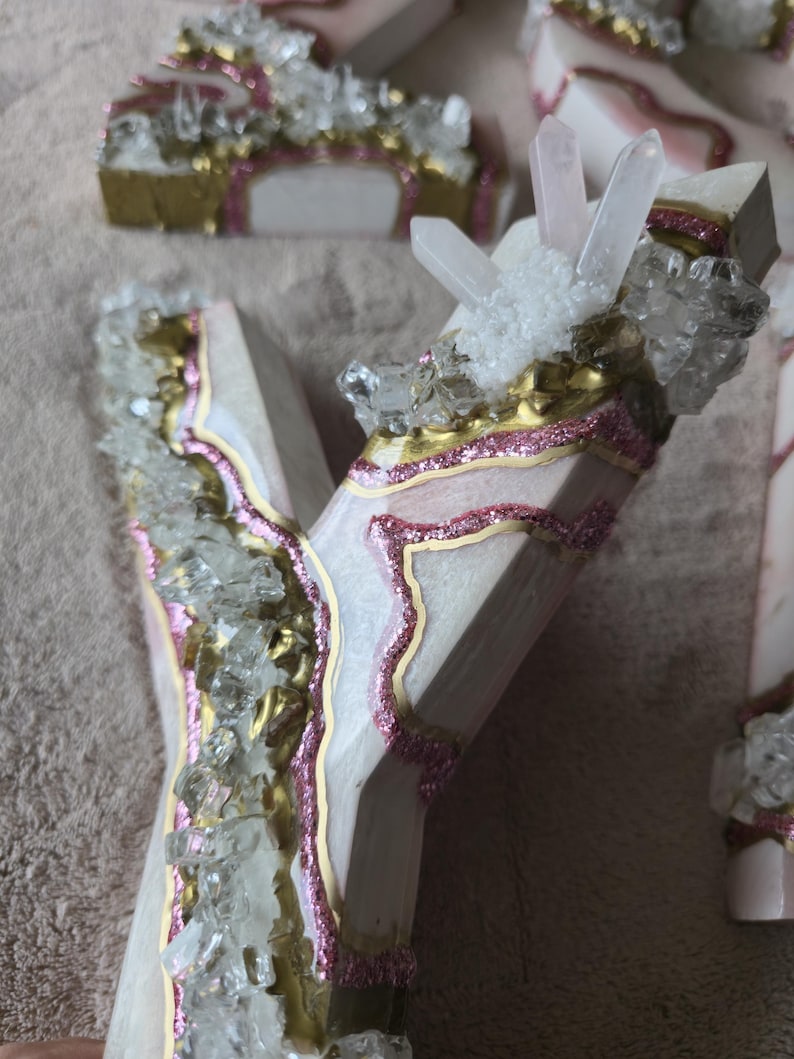3D Rose Quartz Geode Wooden Letter, Freestanding Initial Decor, Gold Pink Crystal Art image 6