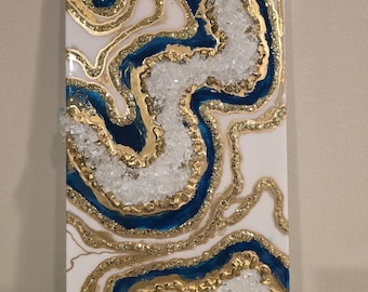 Turquoise and Gold Geode Wall Art, Luxury 3D Resin Painting, Statement Crystal Artwork, Ocean Vibes, Free gift with any purchase!