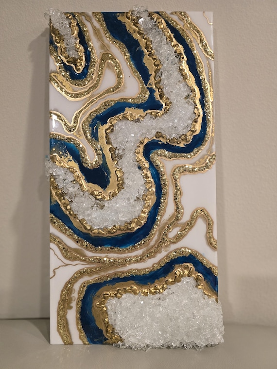 Resin Geode Wall Art in teal and gold with fire glass and crystal by Luxe Signature Art