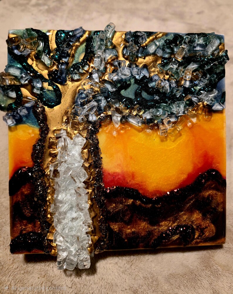 K&ouml;nnte beinhalten: Quadratisches Kunstwerk aus Kunstharz, das einen stilisierten Baum vor einem Sonnenuntergang darstellt. Der Baumstamm ist goldfarben, mit klaren Glasscherben, die die Bl&auml;tter bilden. Der Hintergrund geht von Gelb zu Rot &uuml;ber, mit dunkelbraunen und goldenen Akzenten.
