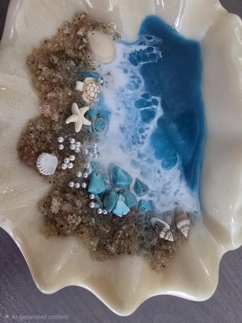 May include: A decorative seashell-shaped dish with a beach scene. The dish features a sandy area with seashells, a starfish, and turquoise stones. Blue and white resin simulates ocean waves.