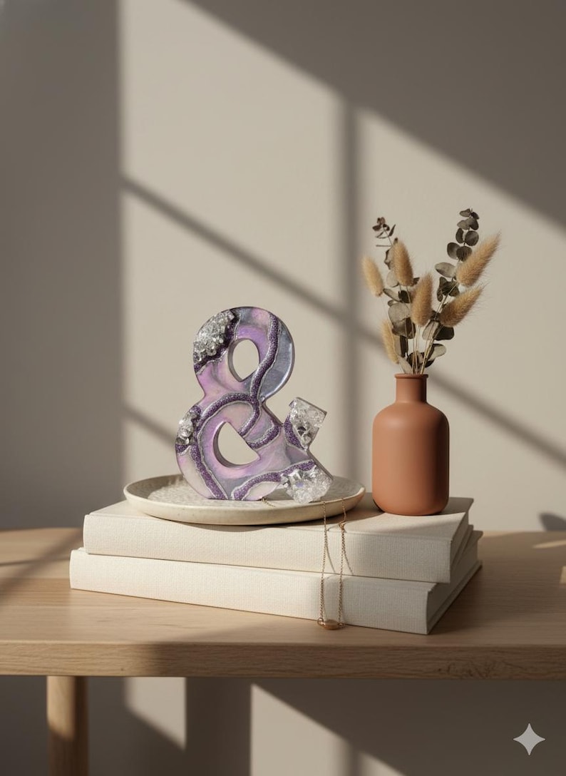 Lavender Geode Ampersand Sign, Thick Freestanding Wood Epoxy Resin Letter, Silver Crystal Art, Purple Agate Decor, Mystical Desk Accent image 17