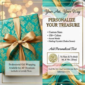 Może przedstawiać: Zapkowany prezent z turkusowym i złotym wzorem i złotą wstążką. Obraz zawiera tekst "Spersonalizuj sw&oacute;j skarb" oraz "Profesjonalne pakowanie prezent&oacute;w. Dostępne na wszystkie okazje. Zawiera uroczą notatkę."