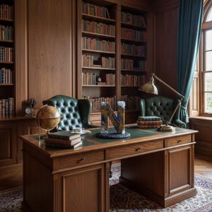 Puede incluir: Un despacho cl&aacute;sico con paneles de madera oscura, estanter&iacute;as empotradas llenas de libros y un gran escritorio de madera con tapa de cuero verde. Dos sillas de cuero verde frente al escritorio, con un globo terr&aacute;queo y una l&aacute;mpara.