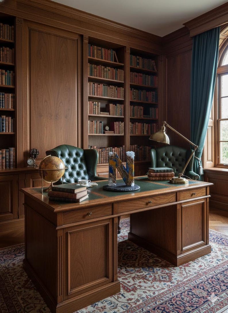 Puede incluir: Un despacho cl&aacute;sico con paneles de madera oscura, estanter&iacute;as empotradas llenas de libros y un gran escritorio de madera con tapa de cuero verde. Dos sillas de cuero verde frente al escritorio, con un globo terr&aacute;queo y una l&aacute;mpara.