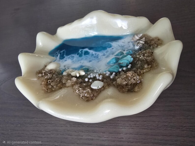 May include: An off-white clam shell-shaped dish featuring a miniature beach scene. It has a blue and white resin ocean, sand-textured areas, seashells, turquoise stones, and pearl beads. The dish is set on a dark surface, creating a coastal theme.