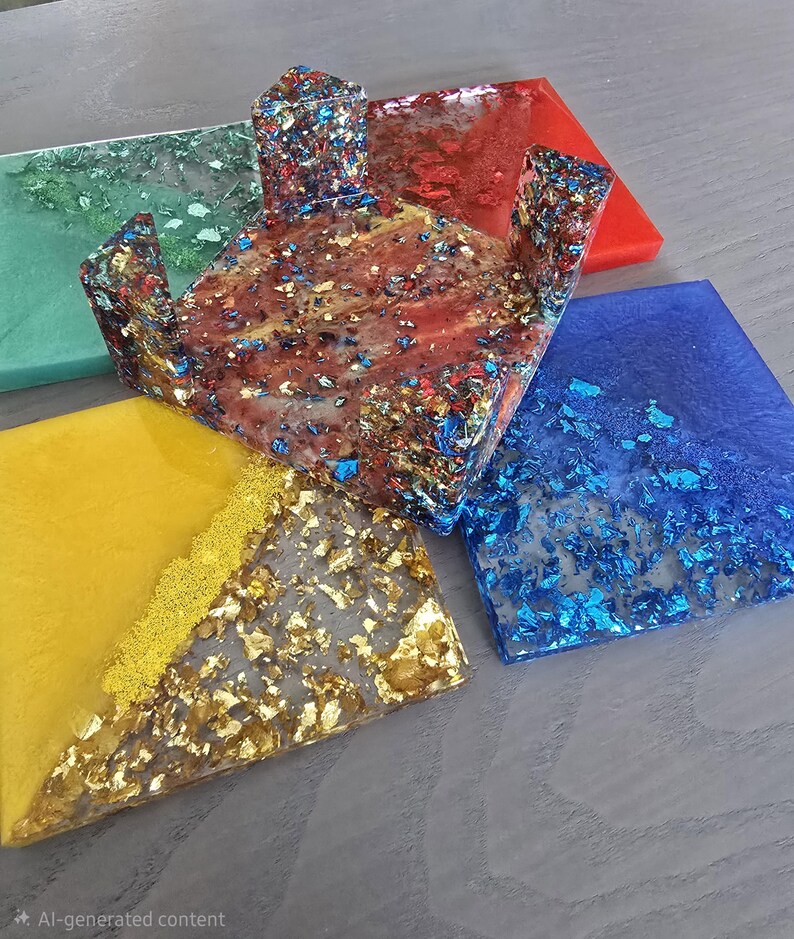 Pode incluir: Um conjunto de bases para copos de resina colorida com flocos met&aacute;licos embutidos. As bases s&atilde;o de v&aacute;rias formas e cores, incluindo vermelho, azul, amarelo e verde. Inclui um suporte decorativo central.
