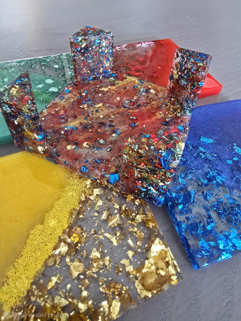 Pode incluir: Uma cole&ccedil;&atilde;o de pe&ccedil;as de arte em resina coloridas. As pe&ccedil;as t&ecirc;m v&aacute;rias formas, incluindo uma caixa e azulejos retangulares. A resina &eacute; infundida com flocos met&aacute;licos dourados, azuis e vermelhos. As cores incluem vermelho, azul, verde, amarelo e transparente.