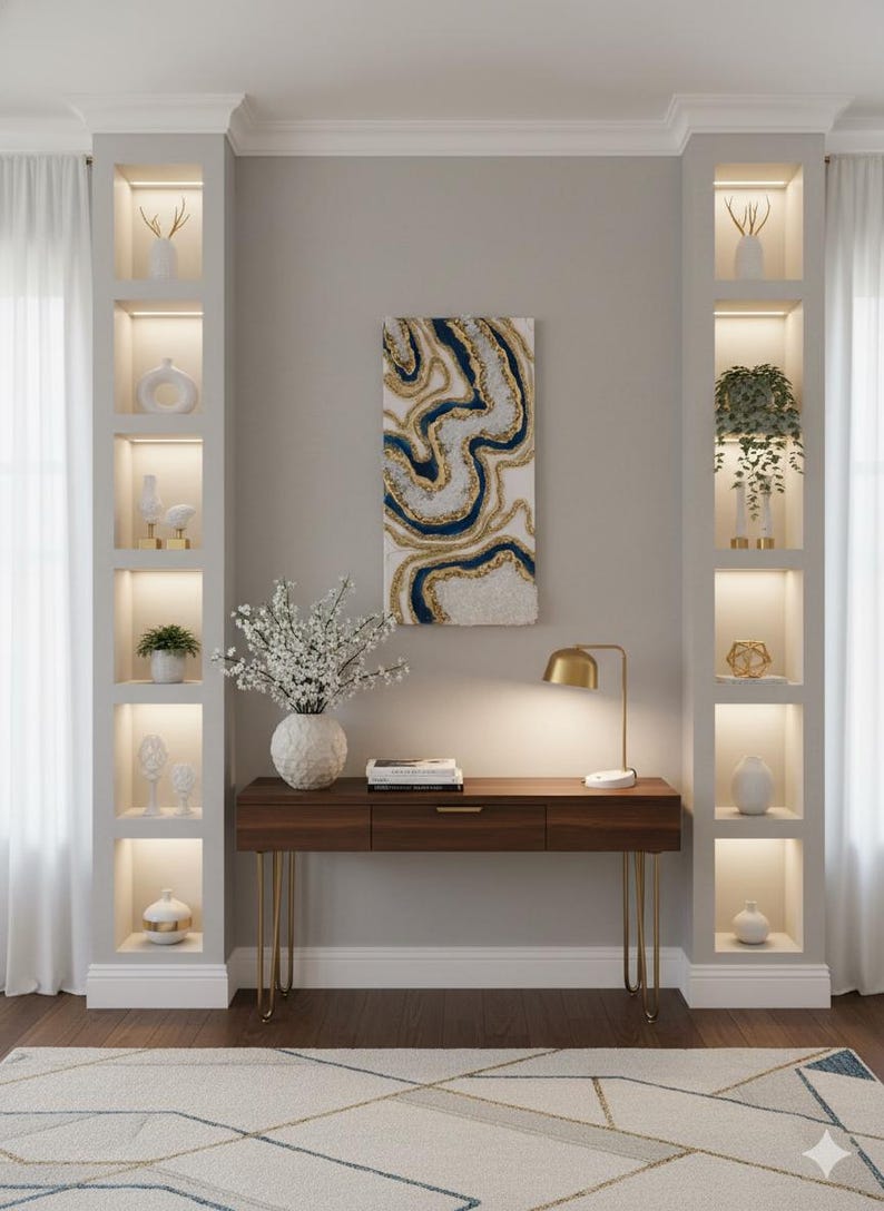 May include: A modern interior design featuring a dark wood desk with gold legs, a gold desk lamp, and a white vase with flowers. A large abstract art piece hangs above the desk. Built-in shelves on either side display decorative items.