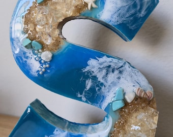 Freestanding Ocean Resin Letters with Gold Quartz Sand & Shells