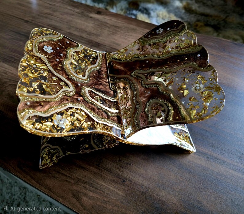 May include: An open, decorative book with a gold and brown design. The book has a layered, textured appearance with gold leaf accents and small white floral embellishments. The edges of the pages have a scalloped design. The book is resting on a dark wooden surface.