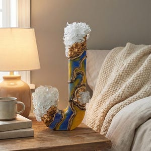 Letra de resina de madera, color azul real, cobre y dorado, inicial de geoda audaz e independiente, pieza destacada para estantería, decoración cálida y masculina para habitación infantil. imagen 9