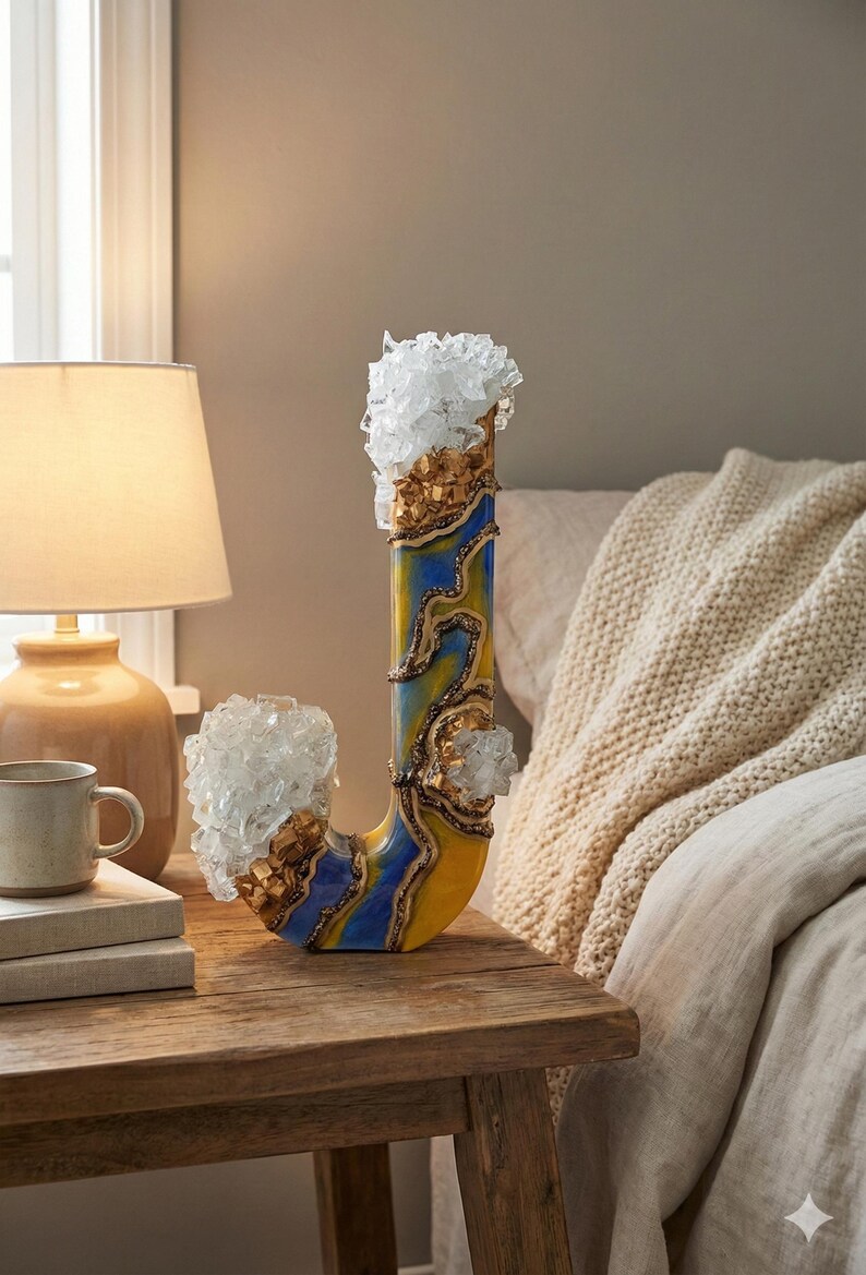 Letra de resina de madera, color azul real, cobre y dorado, inicial de geoda audaz e independiente, pieza destacada para estantería, decoración cálida y masculina para habitación infantil. imagen 9