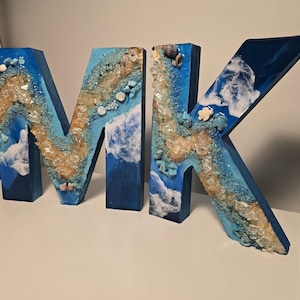 Może przedstawiać: Dekoracyjne drewniane litery składające się na napis "MK", pomalowane na niebiesko i ozdobione żywicą, kryształami i muszlami. Litery mają motyw nadmorski, z wzorami fal i osadzonymi kamieniami. Unikalny element wystroju domu.