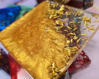 4 Piece Glitter Coaster Set with Holder, All Colors Resin Art Coasters, Desk Decor, Luxe Bar Cart Accessories, Many shapes and colors