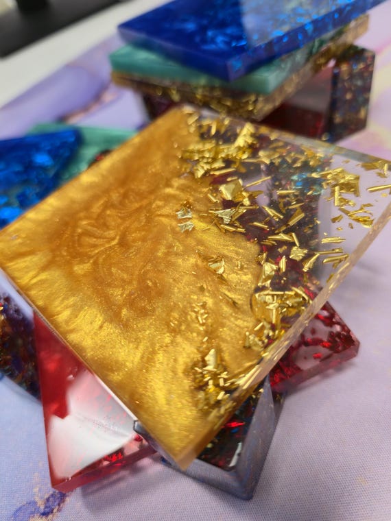 Resin Coaster Set in gold and silver with crystal and glitter by Luxe Signature Art