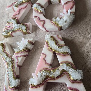 3D Rose Quartz Geode Wooden Letter, Freestanding Initial Decor, Gold Pink Crystal Art image 18