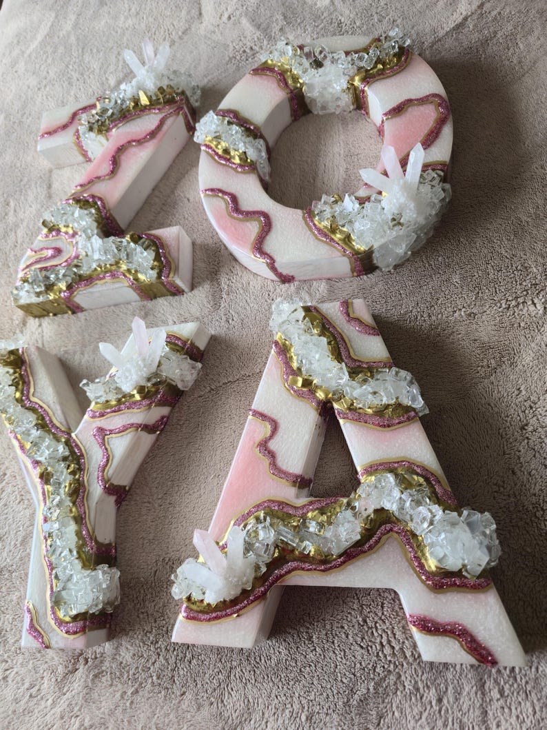 3D Rose Quartz Geode Wooden Letter, Freestanding Initial Decor, Gold Pink Crystal Art image 18