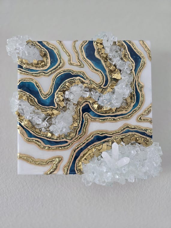 Resin Geode Wall Art in teal and gold with fire glass and crystal by Luxe Signature Art