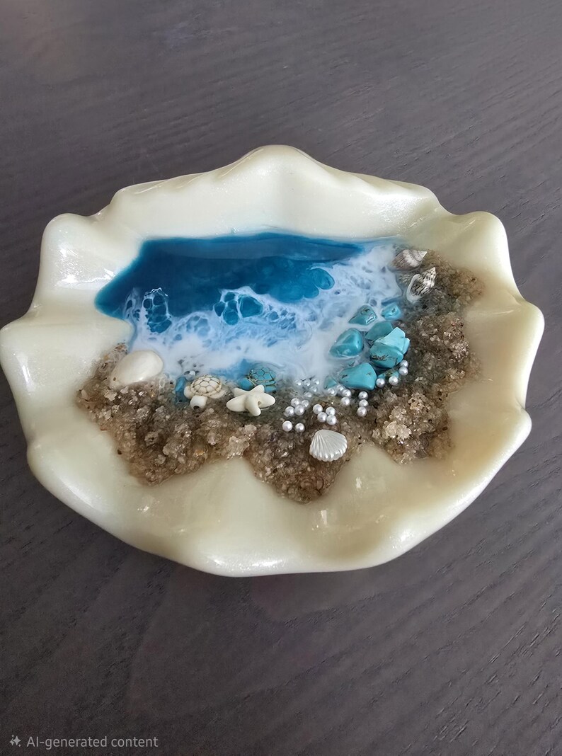 May include: An off-white seashell-shaped dish featuring a miniature beach scene. The scene includes a blue and white ocean, sand, turquoise stones, pearls, and tiny sea creatures. A unique coastal-themed decorative item.
