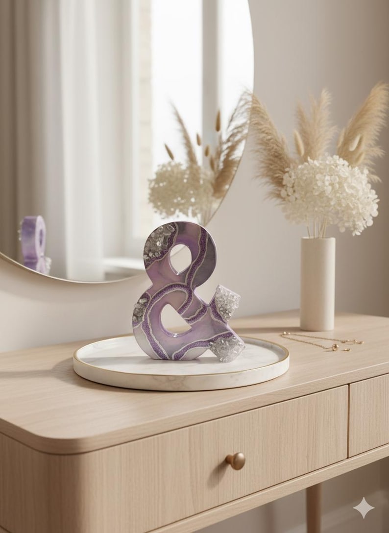 Lavender Geode Ampersand Sign, Thick Freestanding Wood Epoxy Resin Letter, Silver Crystal Art, Purple Agate Decor, Mystical Desk Accent image 3